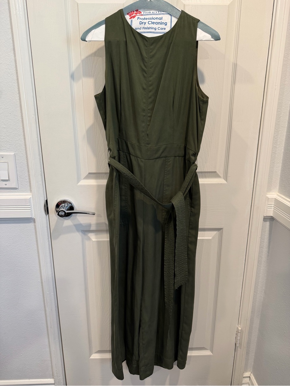 Olive Green Sleeveless Belted Jumpsuit (dry cleaned)